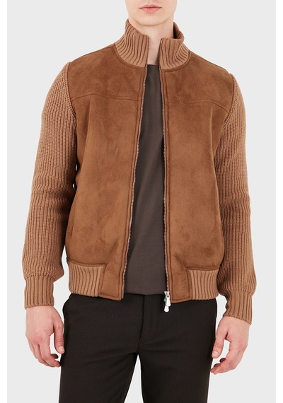 Gran Sasso Regular Fit Dik Yaka Süet Detaylı Triko Ceket Erkek Ceket 13129 58001 190 Taba