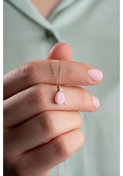 925 Ayar Gümüş Pembe Taşlı Damla Model Kolye Rose Gold