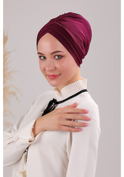 Melodi Scarf Kadın Üç Bantlı Çapraz Hazır Türban Dış Bone Mürdüm Mürdüm