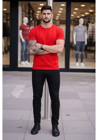 Veraura Lifestyle Erkek T-shirt Bisiklet Yaka Slim Fit Dar Kesim Likralı Tişört Günlük Basic Body - Kırmızı