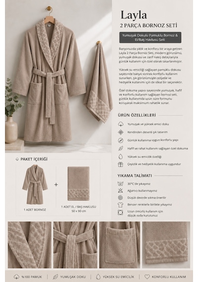 Layla Soft Unisex Bornoz Bornoz Erkek Bornoz Kadın Bornoz Hediyelik Sabahlık Çeyiz Kahverengi