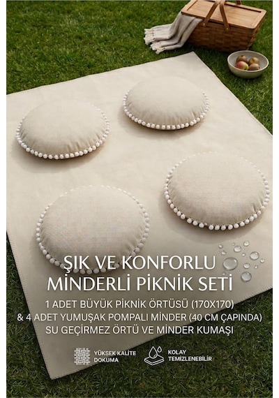 Piknik Örtüsü 170x170 Cm 4'lü Minderli Piknik Seti Ekru Ponponlu Açık Hava Kamp Bahçe Örtüsü Çok Renkli Piknik Örtüsü 170x170 Cm 4'lü Minderli Piknik Seti Ekru Ponponlu Açık Hava Kamp Bahçe Örtüsü Çok Renkli