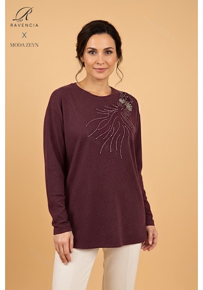 Kadın Bordo Damla Desenli Taşlı Yırtmaçlı Likralı Yün Anne Penye Bluz