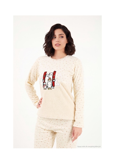Lela Desenli Yumuşak Dokulu Kışlık Polar Pijama Takımı Kadın Pijama Takımı 6575031 Ekru