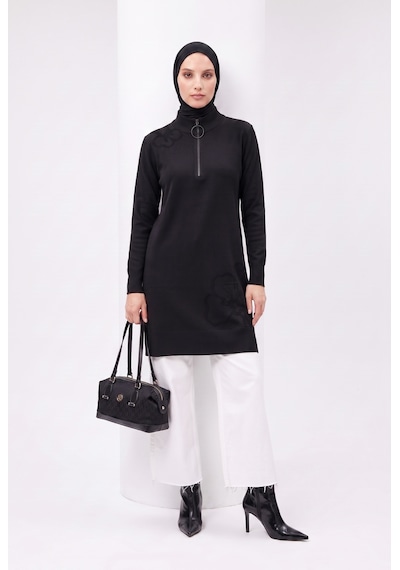 Armine Çiçek Desenli Triko Tunik 25ktd4111 Siyah