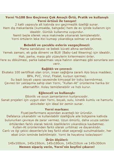 Su Geçirmez Yer/masa Örtüsü, Aktivite, Yemek Ve Oyun İçin, Doğa Dostu Ve Çevreci, Ekoteks Sertifikalı,%100 Polyester, Family, 150x100cm, Dikdörtgen