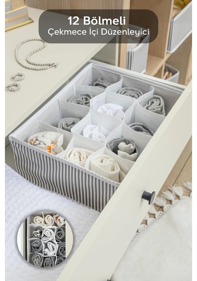 2 Adet - 12 Bölmeli Çok Amaçlı Organizer - Çekmece Organizeri 31x25x12 Kumaş 32 X 23 Gri Tr Diğer