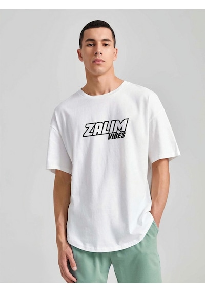 Unisex Oversize Zalım Baskılı T-shirt Beyaz