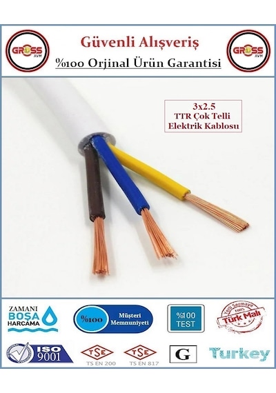 3x2.5 Ttr Elektrik Kablosu - Uzatma Ara Kablo - 6 Metre