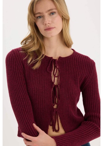 DeFacto Regular Fit Bisiklet Yaka Bağlamalı Basic Düz Triko Bordo Hırka E6914AX25SPBR188 Bordo