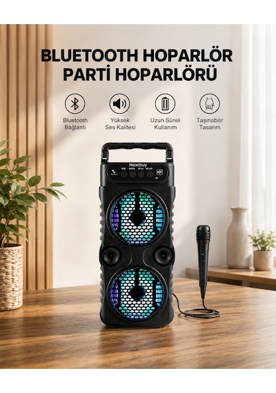 Led Işıklı Bluetoothlu Hoparlör Mikrofonlu Taşınabilir Ses Sistemi Çokrenkli