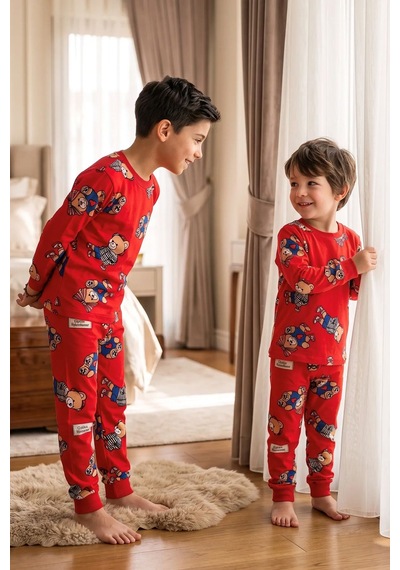 Zuzunga Unisex Kırmızı Renk Ayıcık Desenli Uzun Kollu Pijama Takımı