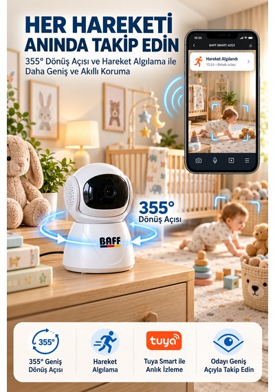 Smart-6202 1080p Full Hd Wifi Bebek Kamerası 2mp Gece Görüşlü Mikrofonlu Hareket Algılamalı Tuya Smart Akıllı Kamera Beyaz