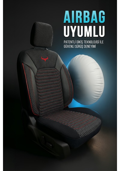 Boğa Serisi Tam Set Dokuma Kumaş Tüm Binek Araçlara Uyumlu Spor Dikiş Oto Koltuk Kılıfı Siyah Kırmızı