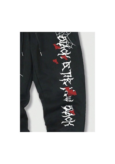 Tarzsokak Goth Guys Skull & Slogan Graphic Drawstring Waist Eşofman Altı Siyah