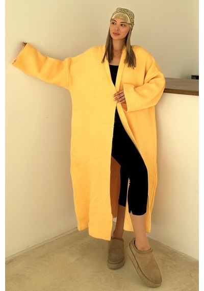 Olcay Oversize Kalın Triko Uzun Hırka Sarı 8274