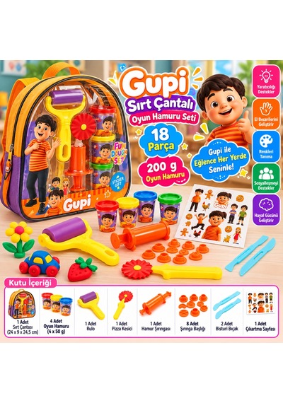 Sırt Çantalı Gupi Oyun Hamuru Seti 200 Gr 18 Parça Turuncu