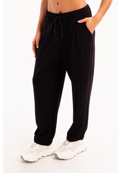 Justever Oversize Fit Beli Lastikli Cepli Rahat Kesim Siyah Kadın Eşofman Altı Pantolon - Flex Siyah