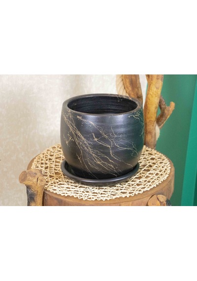 Bitki Tasarımı Ev Dekorasyon  Siyah Üzeri Gold Tabaklı Terracota Toprak Saksı Saksılık Salon Çiçeklik 19 CM