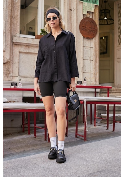 Jument Kadın Likrasız Keten Kumaş Yakalı Cepli Düşük Omuzlu Salaş Oversize Tunik Gömlek-siyah Siyah Jument Kadın Likrasız Keten Kumaş Yakalı Cepli Düşük Omuzlu Salaş Oversize Tunik Gömlek-siyah Siyah