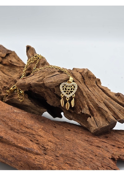 Kalp Figürlü Dreamcatcher Çelik Gold Kolye