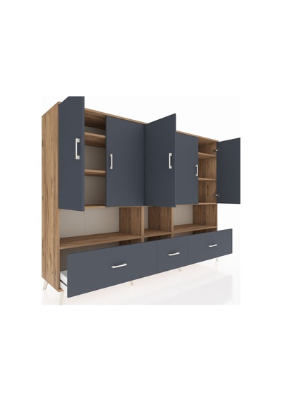 Hyperion Dolap 12 Raflı 3 Çekmeceli 5 Kapaklı 220x44x163 Çam-antr Çam-antrasit