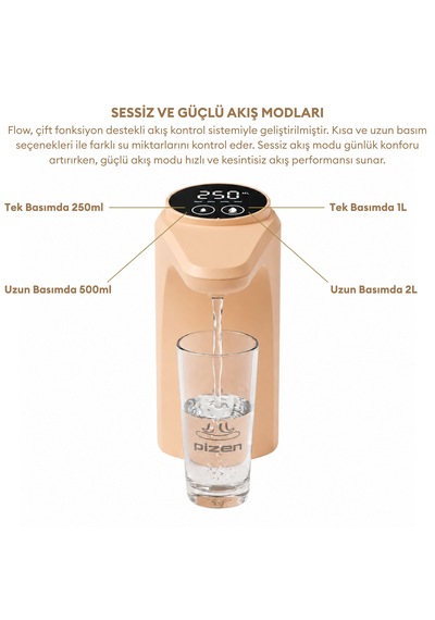 Pizen Flow Usb Şarjlı Otomatik Damacana Su Pompası Tds Ölçer 250ml 500ml 1l 2l Ölçü Özellikli Turuncu