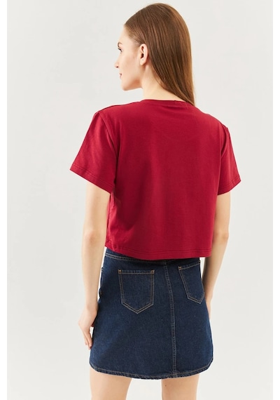 Kadın Rahat %100 Pamuklu Penye Bisiklet Yaka Kısa Kol Basic Crop T-shirt Bordo