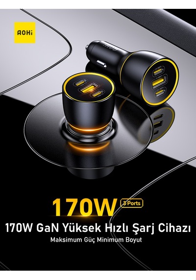 Aohi Araç İçi 3 Portlu 170w Şarj Cihazı, 140w 1m Pd 3.1 480mbps Süper Hızlı Şarj/data Kablosu Seti