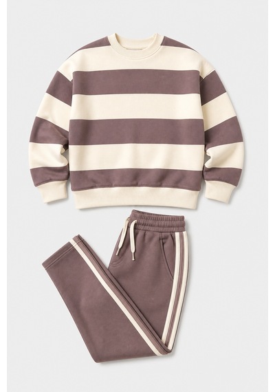 Eray Alp Kids Unisex Çocuk Çizgi Detaylı Şardonsuz Alt Üst Takım Kahverengi