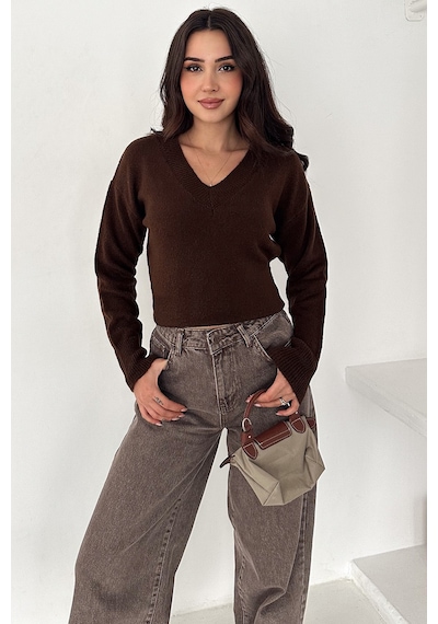 Noa & Noa Kadın V Yaka Triko Kazak Cozy Neutral kahverengi