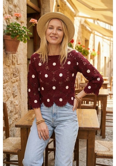 Sayzen Your Shine Tığ Işleme Dantel Çiçek Desenli Bluz Sy-2601-tg Bordo