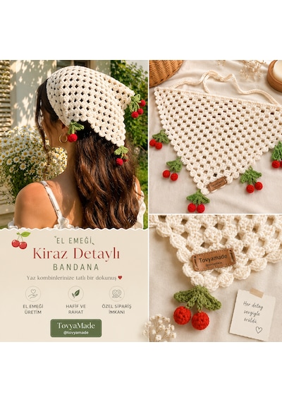 Kiraz Motifli Bandana Kırmızı - Krem