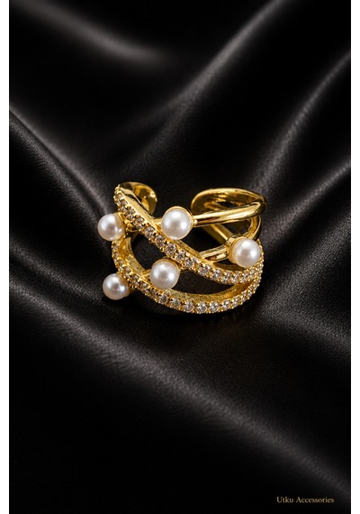 Gold Sıralı İncili Talı Kıkırdak Çelik Küpe Earcuff Altın