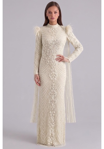 Olcay İnci Ve Taş Desenli Omuzlarında Tüy Ve Pelerin Detaylı Exclusive Tesettür Abiye Elbise Krem 1108 Olcay İnci Ve Taş Desenli Omuzlarında Tüy Ve Pelerin Detaylı Exclusive Tesettür Abiye Elbise Krem 1108