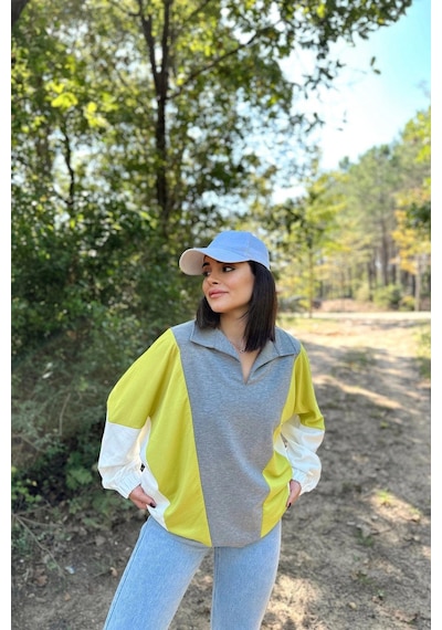 WeShaya Kadın Gri Polo Yaka, Uzun Yarasa Kol, Lastikli Manşet, Asimetrik Color Block, Salaş Sweatshirt Bluz Gri