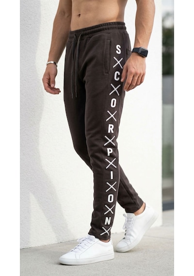Plus Scorpion Erkek Slim Fit Eşofman Altı Yazılı Şerit Detaylı, Dar Paça Jogger Pantolon Kahverengi