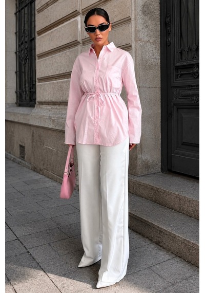 Madmext Pembe Belden Bağlamalı Oversize Cepli Gömlek Mg2798