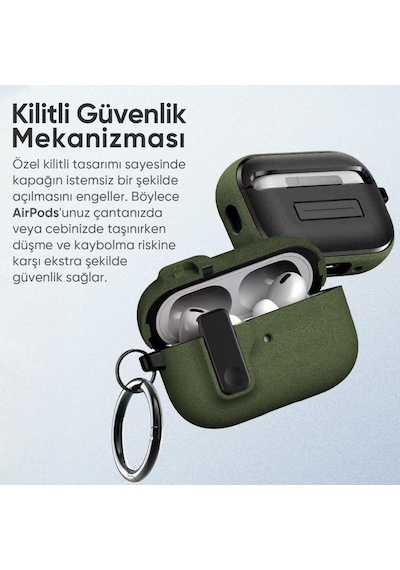 Apple Uyumlu AirPods 4. Nesil İle Kılıf Standlı Kilitli Tpu Premium Matte Trip Case Koyu Yeşil