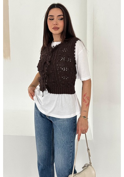 Noa & Noa Kadın Ponponlu Bağlamalı Triko Süveter Dokulu & Romantik Stil Kahverengi