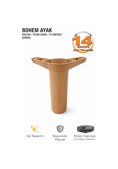 İmt Aksesua Bohem 14 Cm Açık Ceviz Mobilya Ayağı Robot Süpürgeye Uyumlu Koltuk Dolap Tv Ünitesi Konsol Ayağı Açık Ceviz