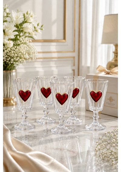 6 Lı Kristal Cam Flüt Kahve Yanı Bardağı Kalp Bardak Kalpli 75ml Cam - Şeffaf