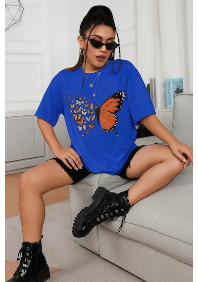 Kelebek Baskılı Oversize Unisex Tişört Saks Mavisi