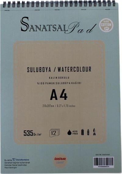 Sanatsal Pad Sulu Boya Resim Defteri A4 535gr 12 Yaprak Spiralli