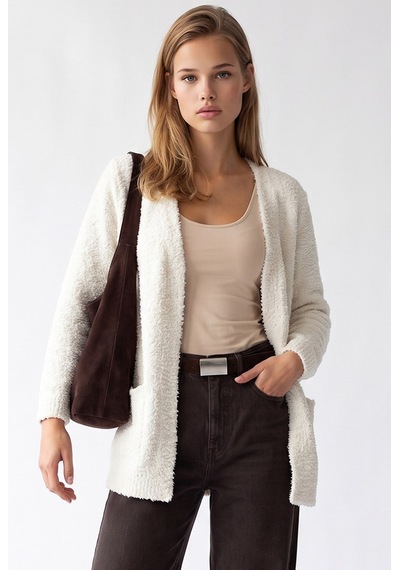 Mixray 7069 Kadın Buklet Dokulu Cepli Oversize Triko Hırka Krem