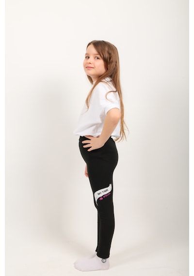 Toontoy Kids Toontoy Kız Çocuk Pamuklu Basic Baskılı Tayt 22708 Siyah