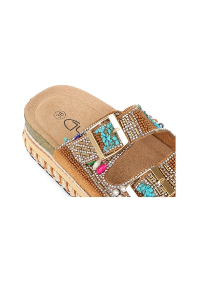 Guja 25y103 Kadın Mantar Platform Taban Taşlı Çift Tokalı Comfort Terlik Camel Fuşya