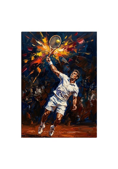 Tenis Raketiyle Smaç Vuran Beyaz Formalı Adam Dekoratif Kanvas - Mdf Ahşap Tablo Çok Renkli