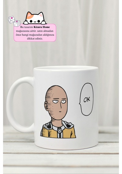One Punch Man - Saitama Ok Anime Tasarım Baskılı Porselen Kupa Bardak Beyaz