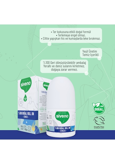 Siveno %100 Doğal Roll On Erkek Deodorant Ter Kokusu Önleyici Bitkisel Leke Bırakmayan Vegan 50 ML